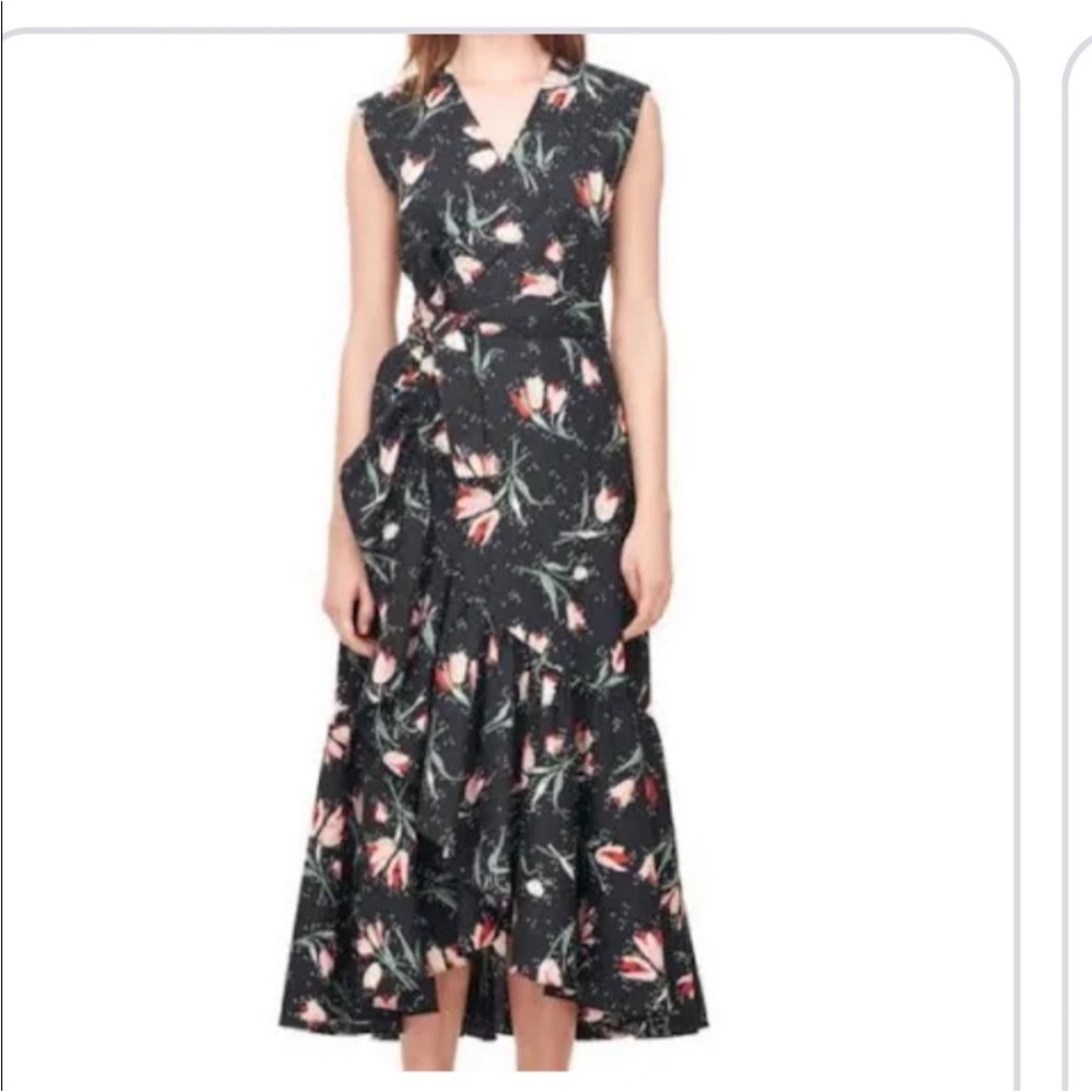 Rebecca Taylor Black Floral Midi Dress with Pink Accents